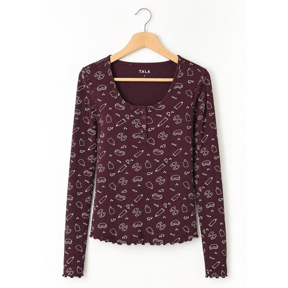 Tala Other - Tala Sleepwear Henley Women Small Port Burgundy Ribbed Lettuce Hem Pajama Top
